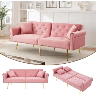 Merax 2-Sitzer Schlafsofa mit Schlaffunktion und Verstellbare Rückenlehne, Samtbezug & goldene Metallfüße – Inkl. Kissen und Stauraum, Rosa - Rosa