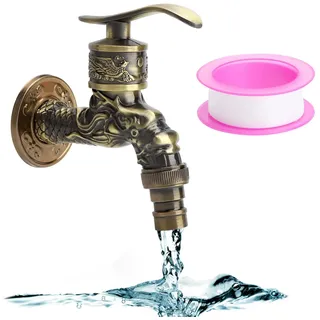 Vintage Wasserhahn Garten 1/2 Zoll Antik Drachen Design Wandmontage Außenwasserhahn mit Deko Messing Look Robust Zinklegierung für Küche Bad Garten Outdoor
