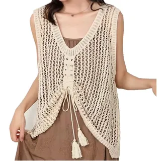 Berax Damen Weste Sommer V-Ausschnitt Loose Drawstring Hippie Weste Boho Ärmellos Häkeln Hohl Weste Cover Up Weste,Beige - Einheitsgröße