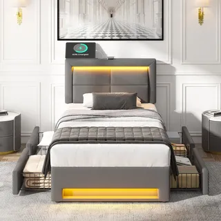 Polsterbett mit USB-Anschluss LED-Beleuchtung und vier Schubladen Familienbett Doppelflachbett 90x200cm Grau - Grau