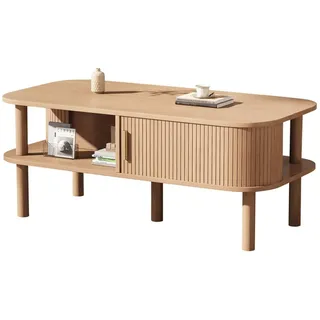 Merax Couchtisch in Holzoptik, Skandinavischer Beistelltisch Satztisch (1-St), Wohnzimmertisch mit Schiebetür, Stauraum & Holzbeinen, 110×55×45cm beige