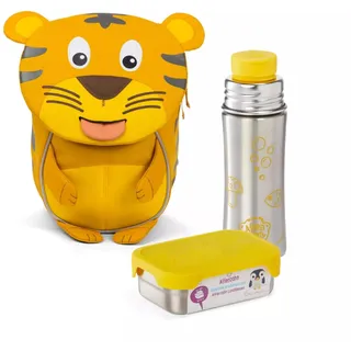 Affenzahn Kleiner Freund Bundle mit Trinkflasche und Brotdose, Kita Rucksack Set für 1-3 Jährige Tiger - Gelb