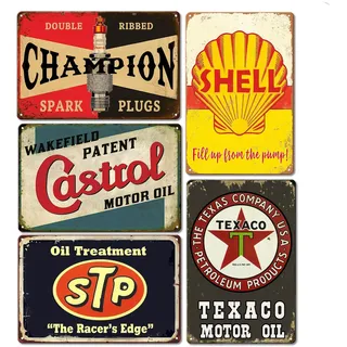 nwiteiw 5er Set Retro Garage Deko Schilder Werkstatt Blechschilder Vintage Motorrad Metallschild Benzin Wandschild Auto Poster Motoröl Laden Metall Schilder Hauswand Raumdekoration Bar Deko 20x30 cm