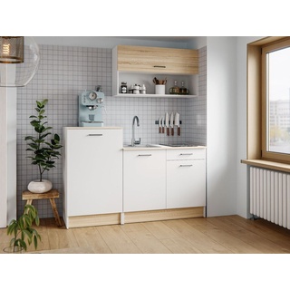 Singleküche 160 cm Küchenzeile Küchenblock Einbauküche Küche Weiß + Eiche Sonoma