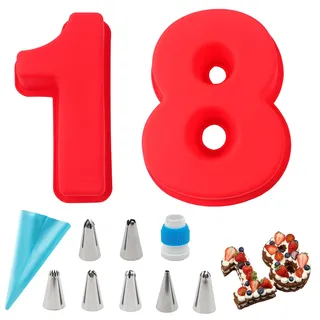 Wondora Groß Kuchenform Zahlen, Backform Zahlen Kit 18, Antihaftend Silikon Backform Zahlen, 9 Stück Spritzbeutel mit Tüllen Set, Zahlentorte Backform für Hochzeit Jahrestag, Geburtstagstorten Partys