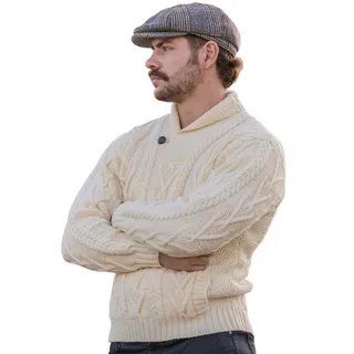 SAOL 100% Merinowolle Aran Herren Schalkragen Pullover mit eine Taste, in Natur/Holzkohle/Armeegrün/Marine/Meerblau - L