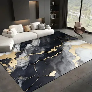 SMXVRC Modern Abstrakt Textur Wohnzimmerteppich, 120x180cm, Schwarz Grau Gold Marmor Muster KüChenteppich, Knitterfrei Waschbar rutschfest Weich Heimdekor-Teppich für Eingang Schlafzimmer
