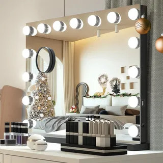 YU YUSING Hollywood Schminkspiegel mit Beleuchtung 58x45cm, 15 LED Licht Dimmbar Kosmetikspiegel 3 Modi, Vanity Spiegel Tischspiegel Wandspiegel mit USB 10X für Schlafzimmer Schminktisch Schwarz