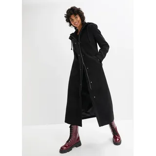 bonprix Mantel aus Wollimitat Maxi-Länge, schwarz, Gr.36, Lässiger Longmantel in Wolloptik mit Kapuze und Kordelzug, seitliche Eingriffstaschen