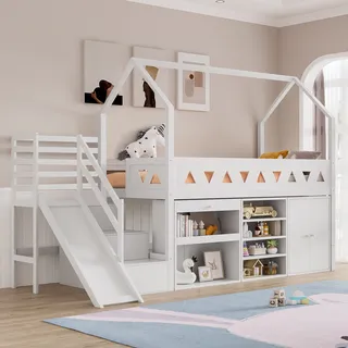 Kinder-hausbett 90 × 200 Cm Mit Schubladen, Erhöhtes Hochbett Mit Rutsche Und Stauraumtreppe, Weiß