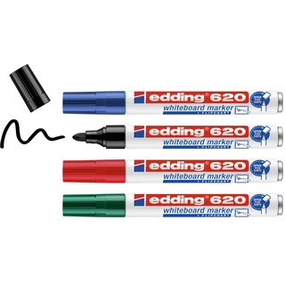 edding 620 Whiteboard-Marker, mehrfarbig, 4 Stifte, runde Spitze, 1,5-3 mm, abwischbarer Filzstift, für Whiteboards, magnetisch, Memo und Konferenzstaffelei, nachfüllbar
