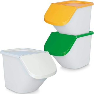 3x 40 Liter Zutatenbehälter mit Entnahmeklappe, stapelbar, Korpus weiß, Deckel grün/orange/weiß