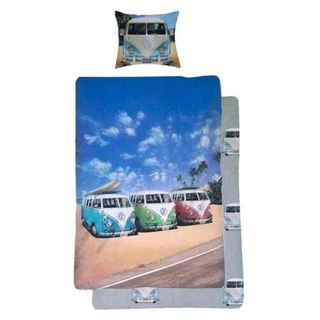 Volkswagen Bettwäsche VW Bus Bulli Strand Palmen Bezug 135x200cm Kissen 80x80cm Renforcé mit Reißverschluss 100% Baumwolle ...