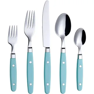 annova Silber-Besteck Set 20 Stück Edelstahl Farbe Griff mit Niete (Türkis)