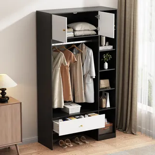 Garderobenschrank Mit 2 Türen, 6 Offenen Fächern, Kleiderstange Und Schublade, Weiß Und Schwarz, 105 X 40 X 185 Cm