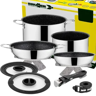 BRUNNER: Camping Topf-Set Edelstahl (Kochtöpfe, Bratpfanne & Griff) ø 22 cm - ACADEMY HIGH NG 7+1 Teilig - Elektro-Herd, Gaskocher, Induktion & Keramikkochfeld - Für 4-6 Personen