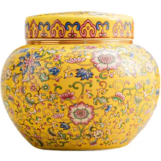 F Fityle Keramik-Ingwerglas-Blumenvase mit Deckel, 800 ml Fassungsvermögen, Ornament, Mehrzweck-Schreibtischvase im chinesischen Stil, Teedose für Esszimmer, GELB