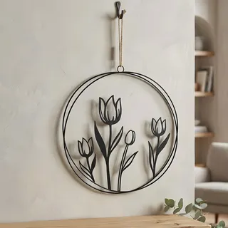 levandeo Wandbild Tulpe 30cm Rund Schwarz Metall Blume Türkranz Türschild Metallschild Wanddeko Industrial Skandi Loft Dekoration
