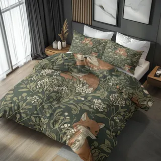Generisch Fuchs Bettwäsche 140x200 Botanisch Motiv 2tlg, Weiche Mikrofaser Bettbezug & 1 Kissenbezug 70x90, Wendebettwäsche für Schlafzimmer Deko, Geschenke (T116)