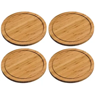 4er Set Vesperteller Bambus mit Rille, rund 25cm, Kesper Fleischteller, Schneidebrett, Servierteller, Küchenteller,