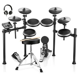 Donner E-Drum E-Schlagzeug 450 Sounds mit Thron Pedale Kopfhörer Unterricht DED-200,Set, Trommelhocker/Drumsticks/Kopfhörer/Audiokabel, 5 Trommeln und 4 Becken grau