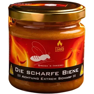 gregasimkerei Die Scharfe Biene 250g – Extrem scharfer Honig mit Carolina Reaper Chili | Grega's Imkerei | Über 1 Mio. Scoville | BBQ- & Gourmet-Spezialität