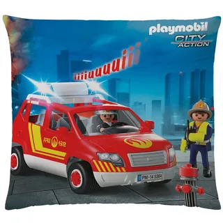 BERONAGE Dekokissen Playmobil City Action Feuerwehr Kissen 40 x 40 cm Kuschelkissen, passend zur Bettwäsche, ideal für Sofa, Couch, Kinder-Bett, Auto blau|bunt