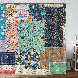 Boho-Patchwork-Duschvorhang mit Blumenmuster, Vintage, böhmische bunte Blumen mit inspirierenden Zitaten, Retro, flippiges Wildblumen-Hippie-Muster, Stoff, wasserdicht, 183 x 183 cm