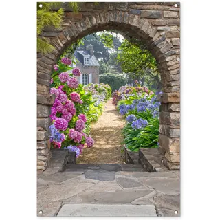 MuchoWow© Gartenposter Outdoor Bilder Gartendeko für draußen Wetterfest | 80x120 cm - Garten Deko Modern Geschenke Banner Draußen Bild Blumen - Guck - Hortensie - Sommer