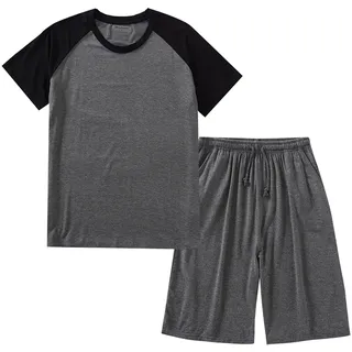GTHTTT Herren Anzug Kurz Zweiteiliger Schlafanzug Schlafshirt mit Rundhals und Schlafhose Sleepwear Kurzarm Loungewear Mit Taschen