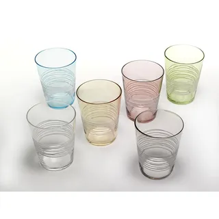 Zafferano Filante Handgemachtes Transparent Glas, Verziert mit mit hauchfeinen quer umkreisende Milchglasfäden., cl 40, h 108mm, d 95mm, Set 6 Stück - Farblich Sortiert