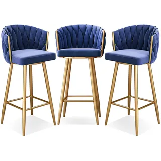 Guyifuny Drehbare Barhocker, Esszimmerhocker, 1er-/2er-/3er-Set, Moderne Barstühle aus Samt, für Küche, Frühstück, Kneipe, Tresenhocker, Inselstühle, Blau, 3 Stück, 65 cm, goldene Beine