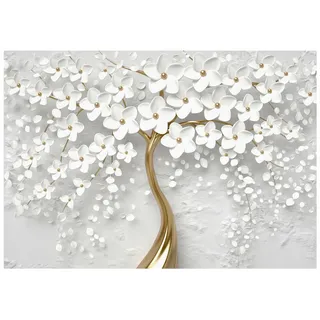 WallArena - Vlies Fototapete Baum Blumen 350x250 cm - Fototapeten - Tapeten - für Wohnzimmer Schlafzimmer - Vliestapete Wandtapete Tapete 3D Effekt- inkl. Kleister - weiß gold modern