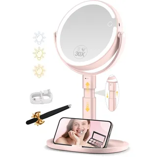 MOMOKUBA Kosmetikspiegel mit Beleuchtung, Schminkspiegel mit Beleuchtung Höhenverstellbarer, Vergrößerungsspiegel mit Licht 30fach, Doppelseitig 360° Drehbar, 3 Farbiger Rund Spiegel mit Licht Rosa