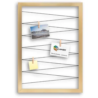 CLAMARO Bilderrahmen Collage Flex, 70 x 90 cm, Gold, mit 20 Holzklammern | MDF-Holzrahmen vollummantelt, vorgespannte Gummileine, Echtholz-Fotoklammern, Wandaufhänger, für Fotos, Postkarten, Notizen