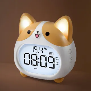 Lafocuse Corgi Wecker Digital, Kinderwecker Wiederaufladbar mit Nachtlicht, Duale Alarme, 6 Alarmtöne, Snooze, Countdown-Timer, Helligkeit und Lautstärke Regelbar, für Kinder Nachttisch Schlafzimmer