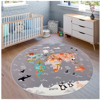 Kinderteppich Bino 581, Paco Home, rund, Höhe: 4 mm, Spielteppich, Motiv Weltkarte & Tiere, Kinderzimmer grau