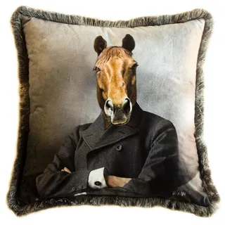 Casa Padrino Luxus Deko Kissen Gentleman Pferd Mehrfarbig 45 x 45 cm - Bedrucktes Samt Kissen mit Fransen - Luxus Deko Accessoires