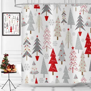 Hnmdmyi Duschvorhang Weihnachten 180x200, Rot Grau Beige Weihnachtsbäume Sterne Winter Schneeflocke Frohes Neues Jahr Urlaub Badewanne Vorhang Wasserdicht Polyester Stoff Waschbar Badevorhang