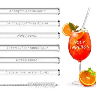 6 Stück Glasstrohhalme Aperol Spritz Glasstrohhalme Lang Aperol Glas Strohhalme Wiederverwendbar Cocktail Strohhalme Glastrinkhalm mit Sprüche für Aperoli Spritz Geschenkset, Cocktails Smoothie Säfte