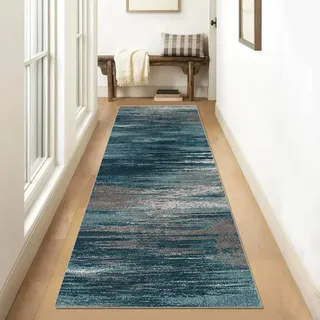 Siunwdiy Teppich Läufer Flur, Küche 60x180cm Blau Grauer Verlaufsfarbe Vintage Teppichläufer rutschfest Meterware Waschbar Flurläufer Lang Polyester Küchenläufer für Korridor Schlafzimmer, Anpassbar