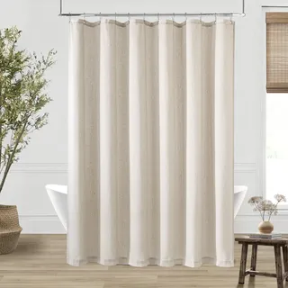DUKIYO Extra langer Leinen-Duschvorhang, 213 cm lang, neutrales Greige Hellbraun, Bad-Duschvorhang-Set mit Haken, XLong hoch, Landhausstil, Boho-Vorhänge für Badezimmer, graues Beige, 183 x 213 cm