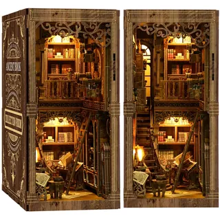 DIY Miniatur Bibliothek Alte Bücher - Book Nook Kit für Erwachsene- 3D-Puppenhaus-Buchstütze,3D Puzzle Holz Buchstütze, Buchstütze für Bücherregal Deko mit Led Licht Kreatives Geschenk für Leser