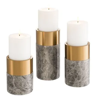 Casa Padrino Luxus Kerzenhalter Set Grau / Messing - 3 runde Marmor Kerzenhalter - Luxus Qualität - Deko Accessoires