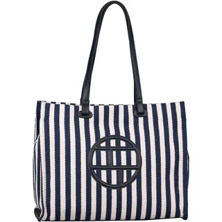 Shopper TOM TAILOR "Romy" Gr. B/H/T: 39 cm x 30,5 cm x 13,5 cm, blau Damen Taschen Handtaschen aus weichem Baumwollgewebe mit 3D-Logo zentral in Kunstleder abgesetzt