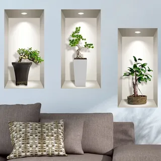 3D-Wandaufkleber, selbstklebend, 3D-Effekt, Bonsai-Pflanzen, Asien-Bonsai, Wandtattoo, für Schlafzimmer, Erwachsene, 3D-Wandtattoo, Wohnzimmer, Wandaufkleber, Trompe-Auge, 60 x 90 cm