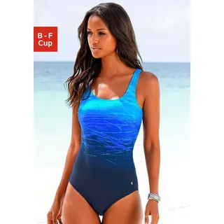 Badeanzug LASCANA Gr. 38, Cup B, blau (blau, bedruckt) Damen Badeanzüge Ocean Blue mit Batikprint und Shaping-Effekt Bestseller
