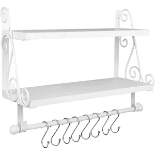 Halcent Wandregal Holz Schweberegal Hängeregal, 2 Etagen Gewürzregal Küchenregal für Küchen, Wand Regal Organizer Badregal mit 8 Abnehmbaren Haken für Badezimmer Wohnzimmer Flur