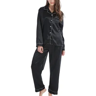 Damen Schlafanzug Pyjama Satin Lang Nachtwäsche Set Klassische Loungewear (Schwarz mit weißer Linie, L) - L