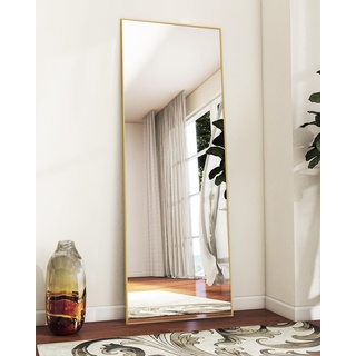 Koonmi 144 × 45 cm minimalistische Rahmen Standspiegel, Solider Ganzkörperspiegel frei stehend, leicht Spiegel in voller Länge Aufhängen an der Wand horizontal oder vertikal für Schlafzimmer, Gold
